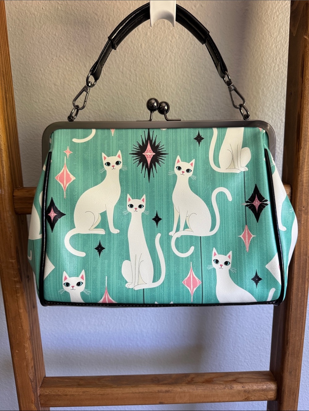 🐈White Cat Print Teal Crossbody Bag - Vintage Frame🌟 - Picture 5 of 8